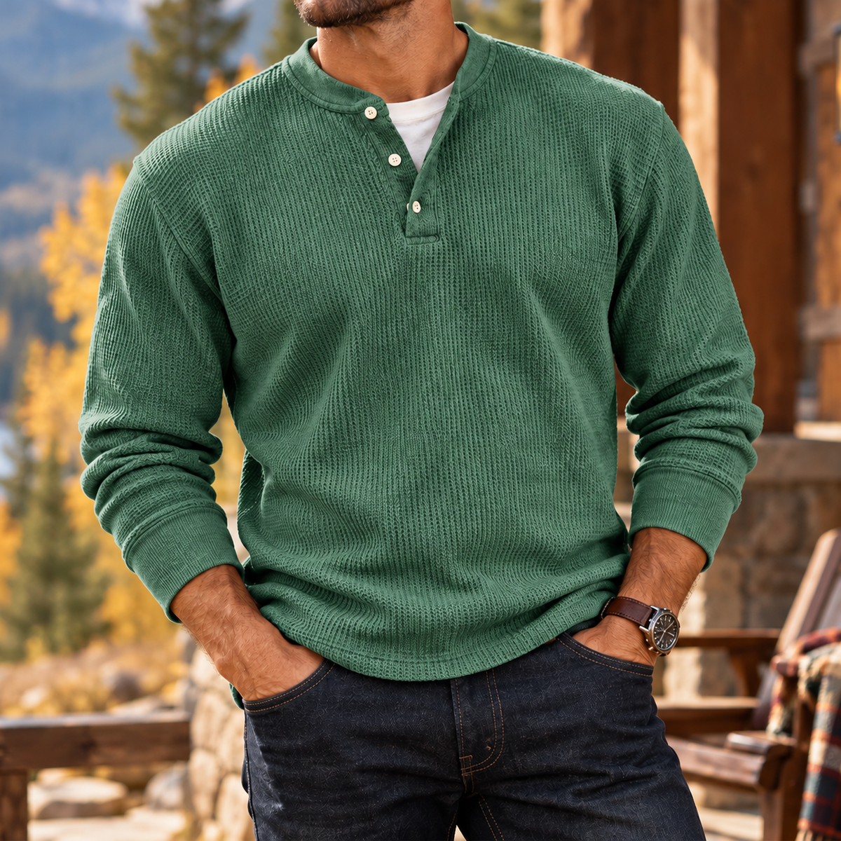 MIVANITY Men's Ridgewood Waffle Knit Henley Shirt