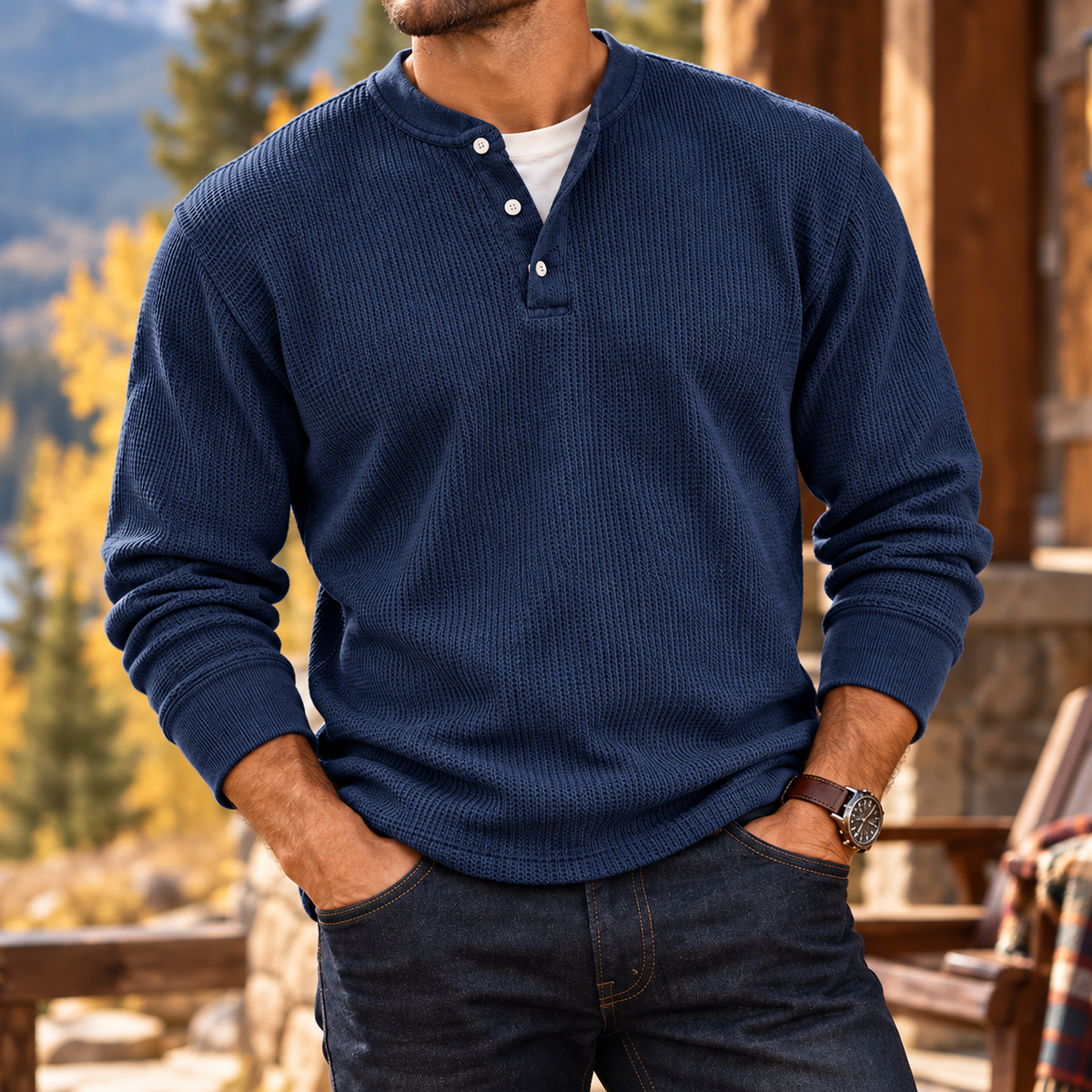 MIVANITY Men's Ridgewood Waffle Knit Henley Shirt