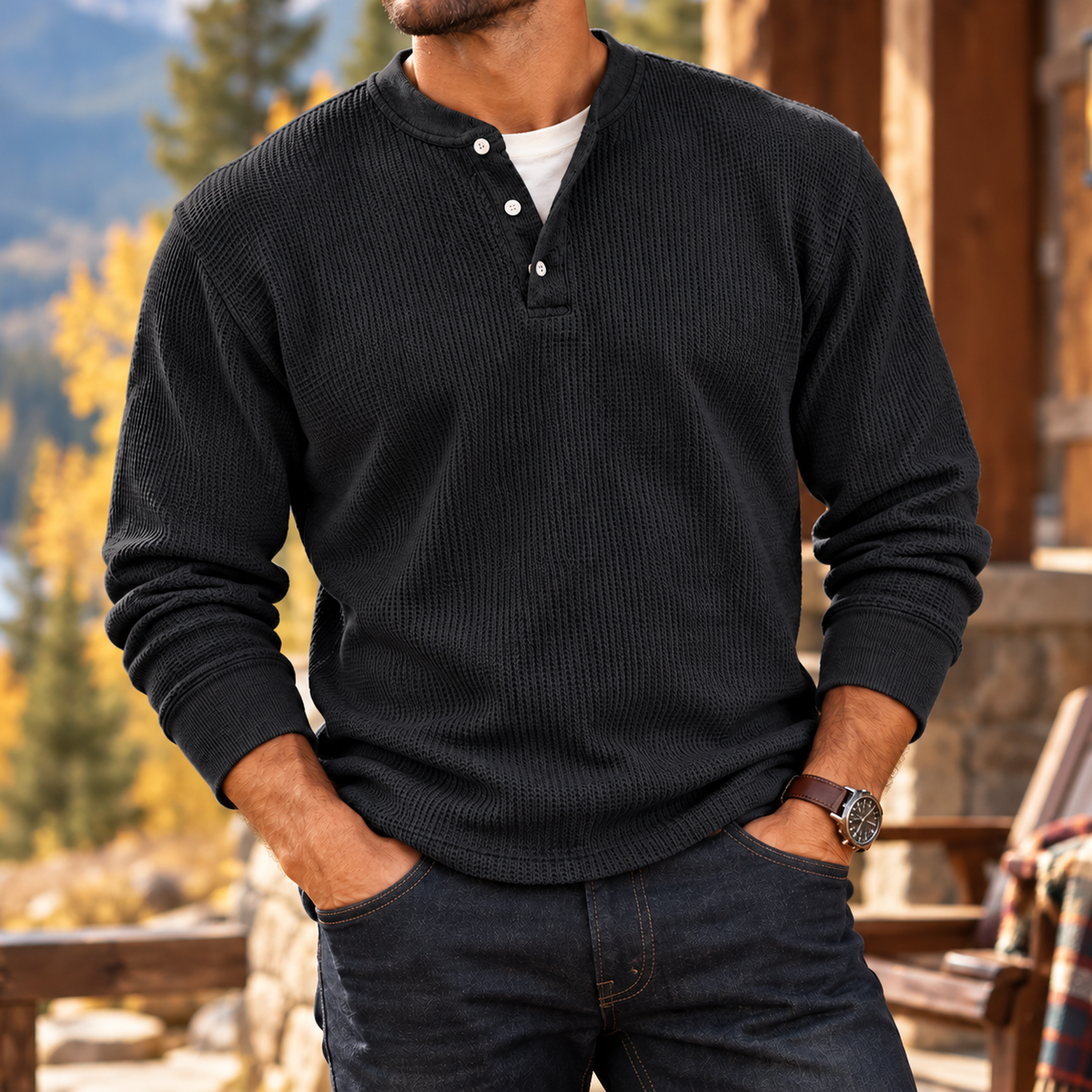 MIVANITY Men's Ridgewood Waffle Knit Henley Shirt