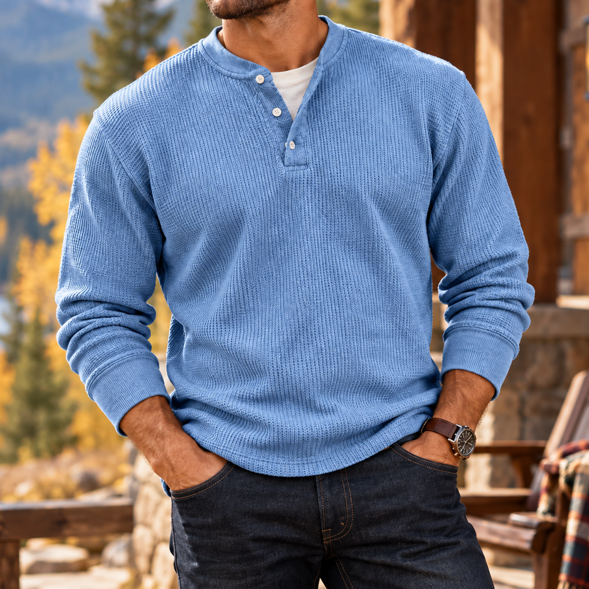 MIVANITY Men's Ridgewood Waffle Knit Henley Shirt