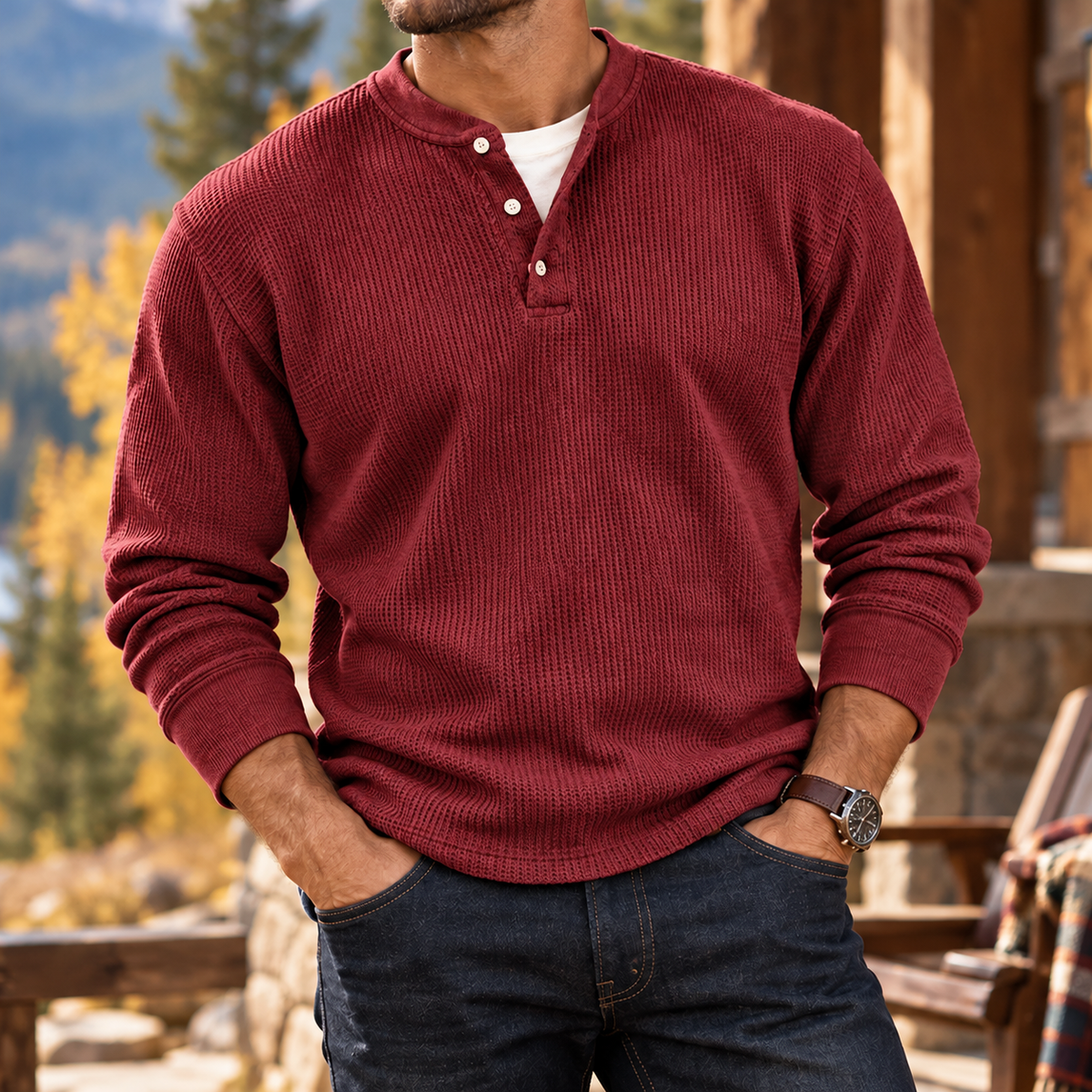 MIVANITY Men's Ridgewood Waffle Knit Henley Shirt