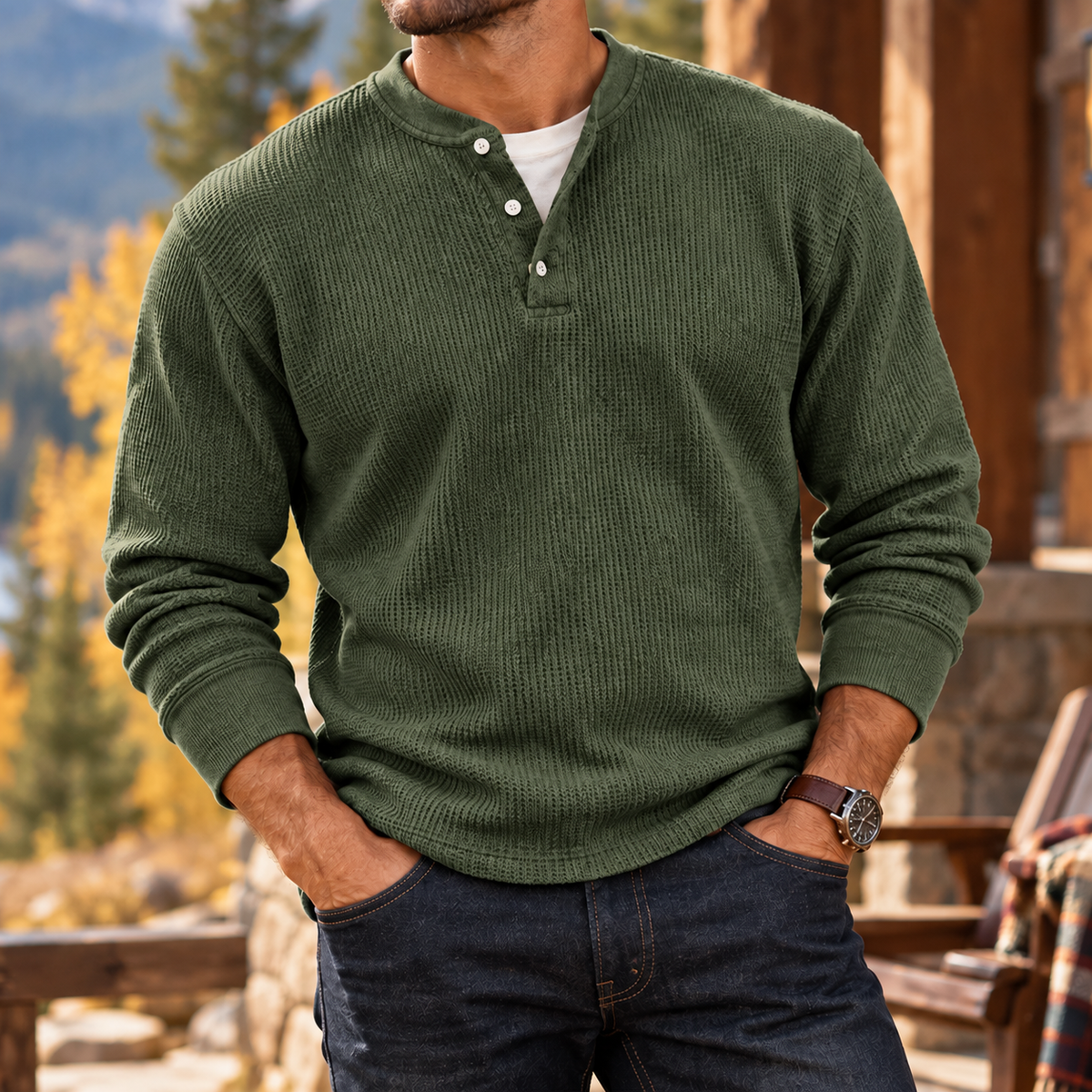 MIVANITY Men's Ridgewood Waffle Knit Henley Shirt