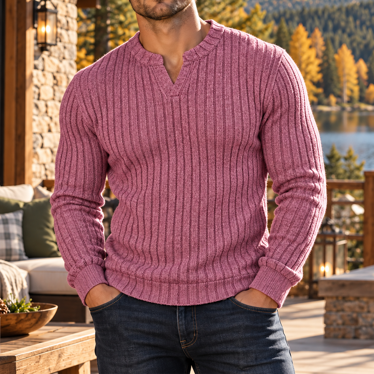 MIVANITY Men's Stonecrest Ribbed Knit Notch Neck Long Sleeve Shirt