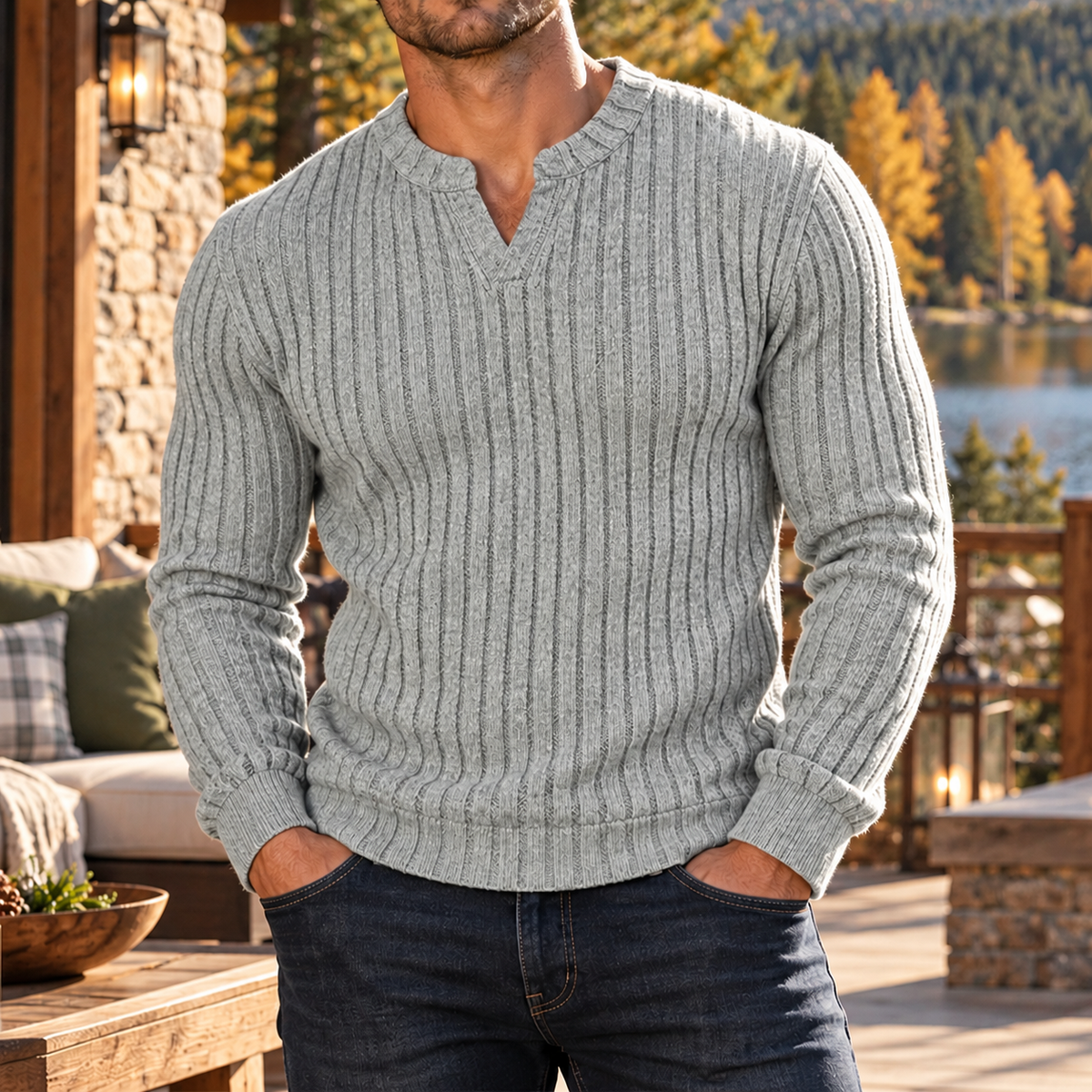 MIVANITY Men's Stonecrest Ribbed Knit Notch Neck Long Sleeve Shirt