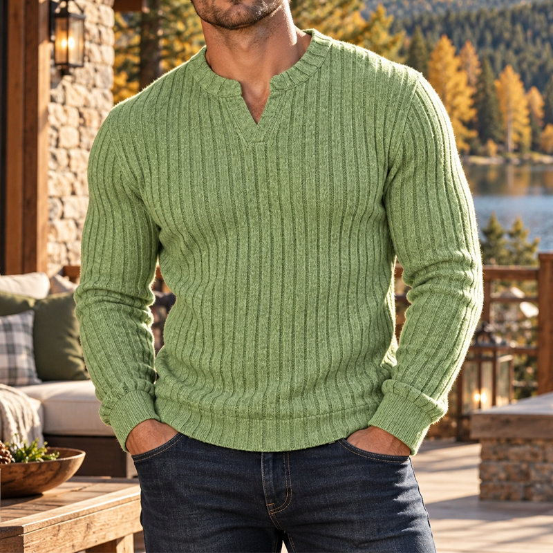 MIVANITY Men's Stonecrest Ribbed Knit Notch Neck Long Sleeve Shirt