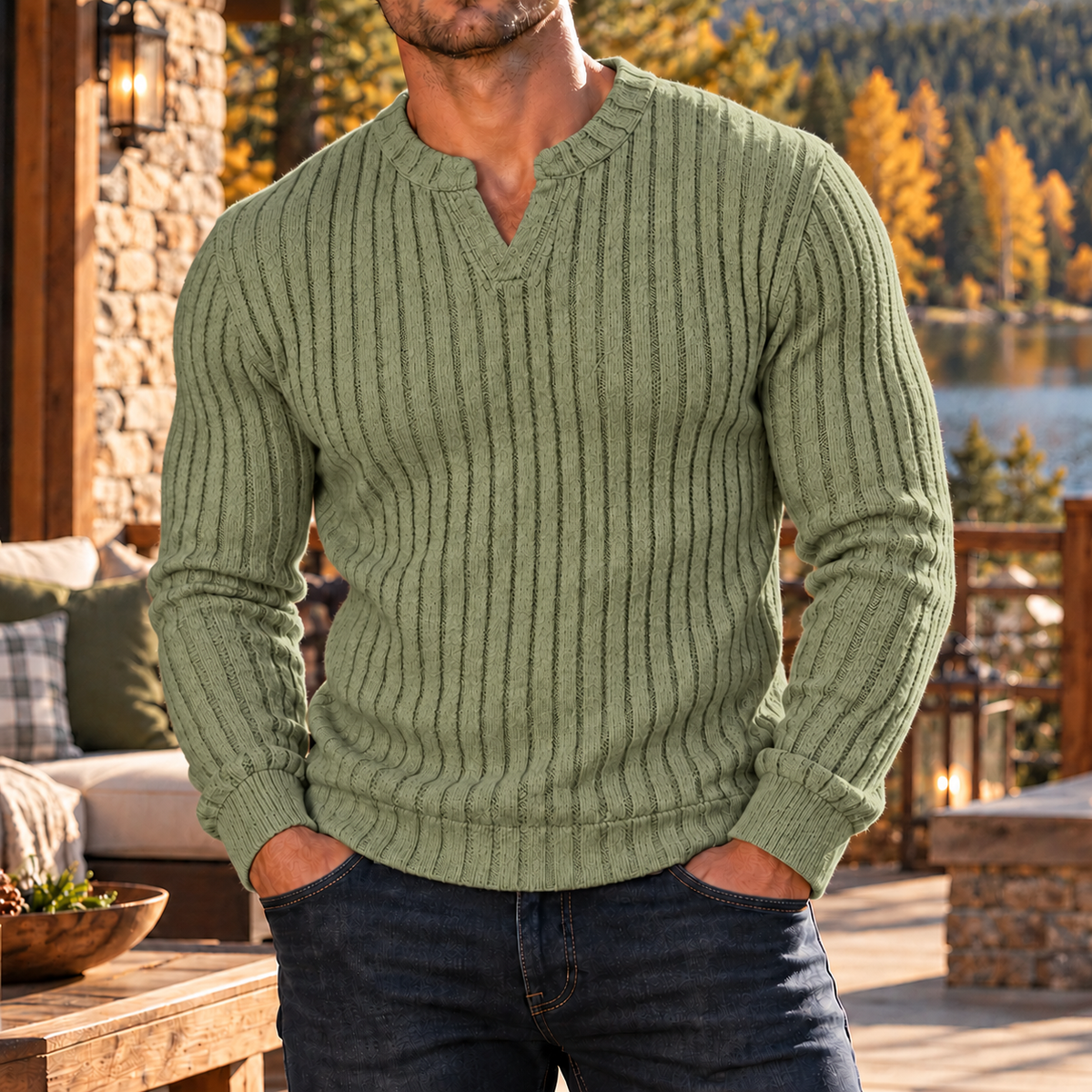 MIVANITY Men's Stonecrest Ribbed Knit Notch Neck Long Sleeve Shirt