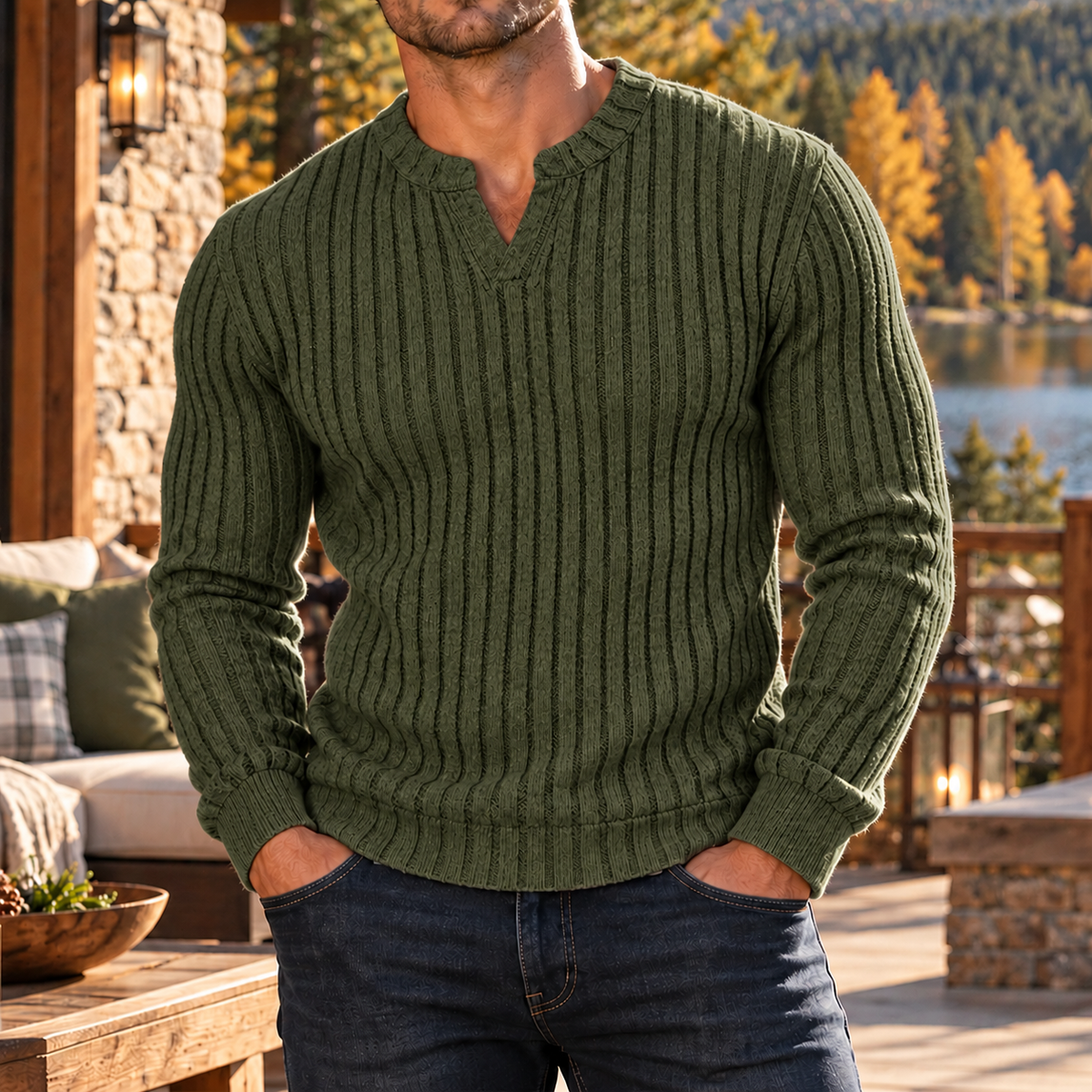 MIVANITY Men's Stonecrest Ribbed Knit Notch Neck Long Sleeve Shirt