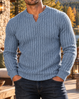 MIVANITY Men's Stonecrest Ribbed Knit Notch Neck Long Sleeve Shirt