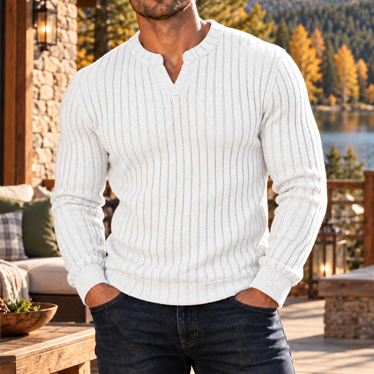 MIVANITY Men's Stonecrest Ribbed Knit Notch Neck Long Sleeve Shirt