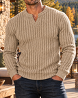 MIVANITY Men's Stonecrest Ribbed Knit Notch Neck Long Sleeve Shirt