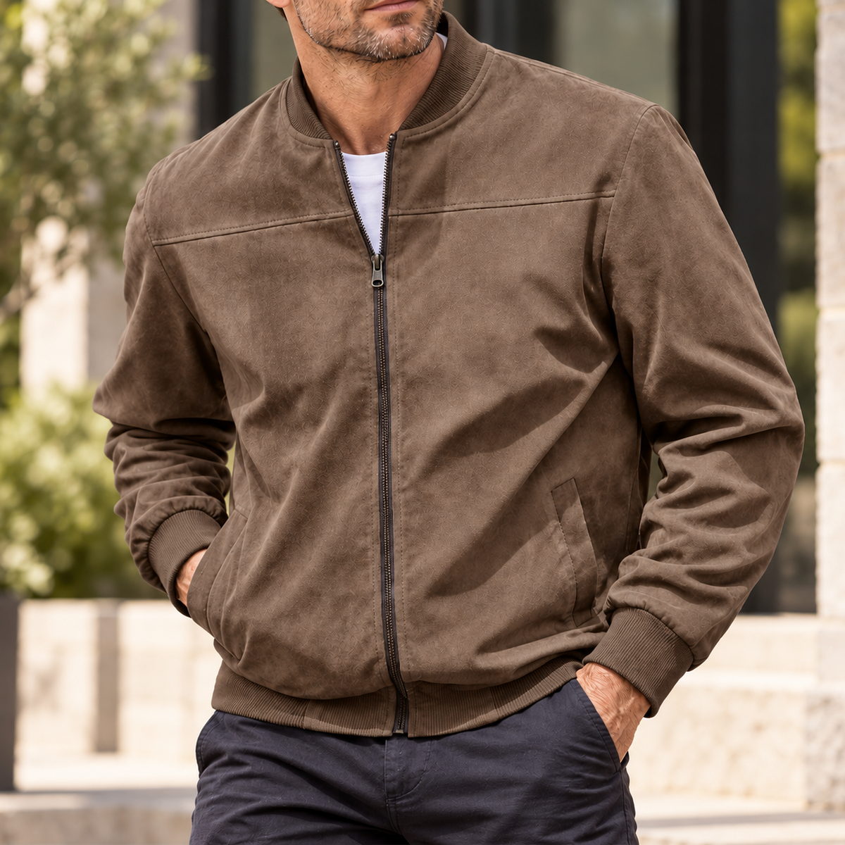 MIVANITY Men's Textured Suede Bomber Jacket