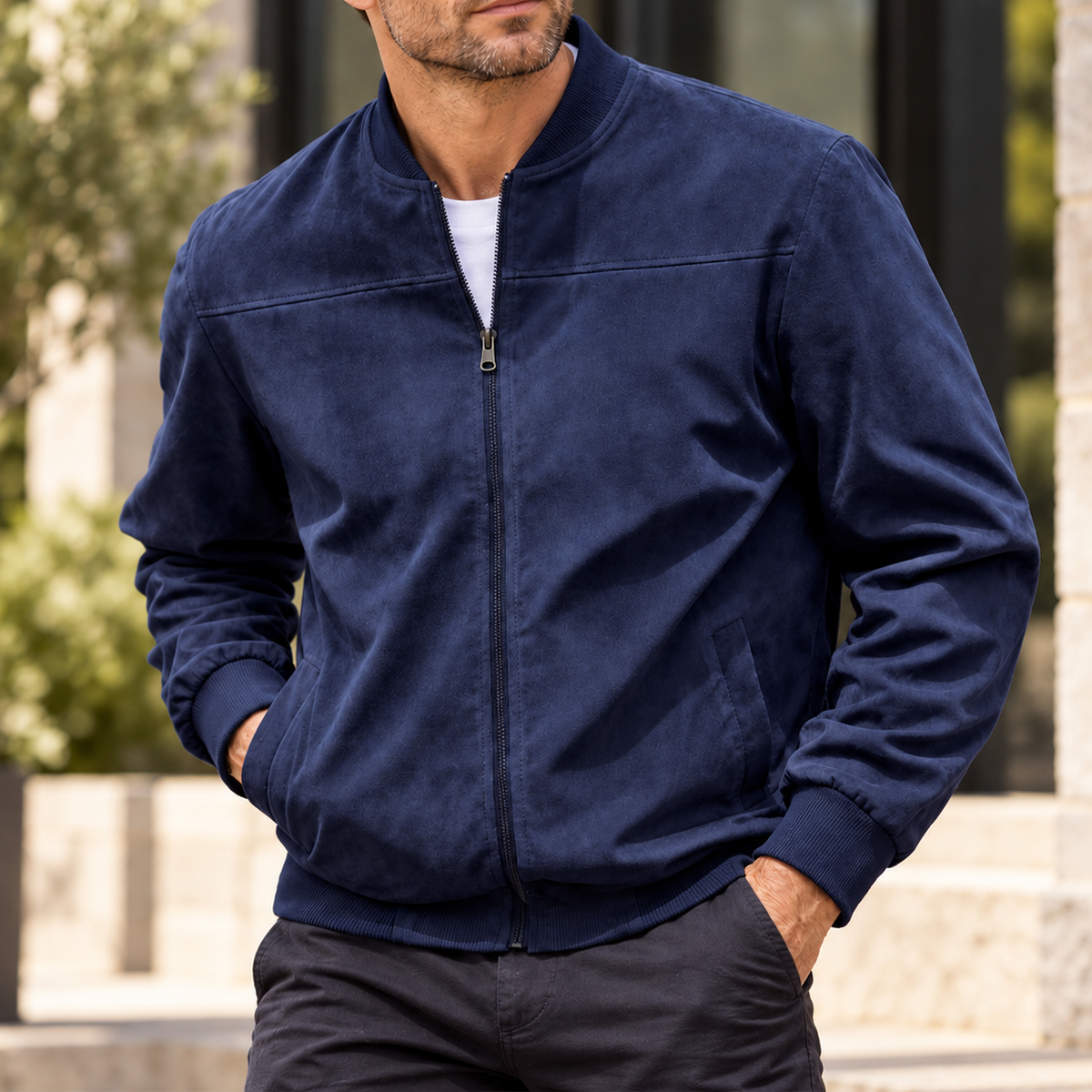 MIVANITY Men's Textured Suede Bomber Jacket