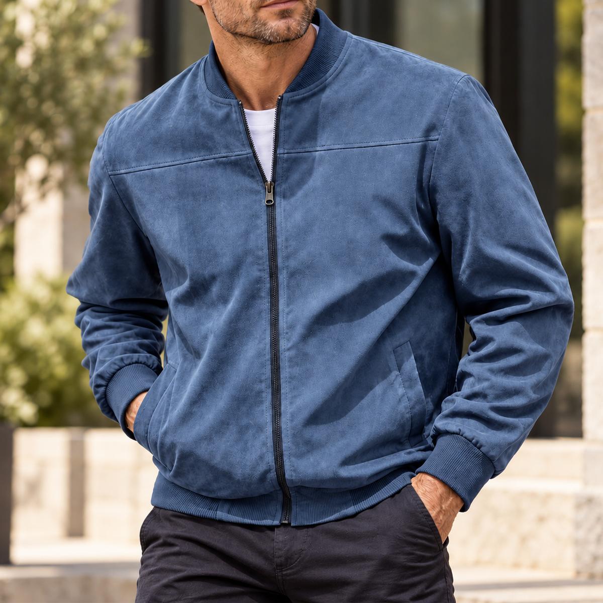 MIVANITY Men's Textured Suede Bomber Jacket
