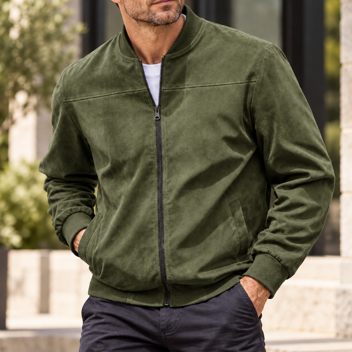 MIVANITY Men's Textured Suede Bomber Jacket