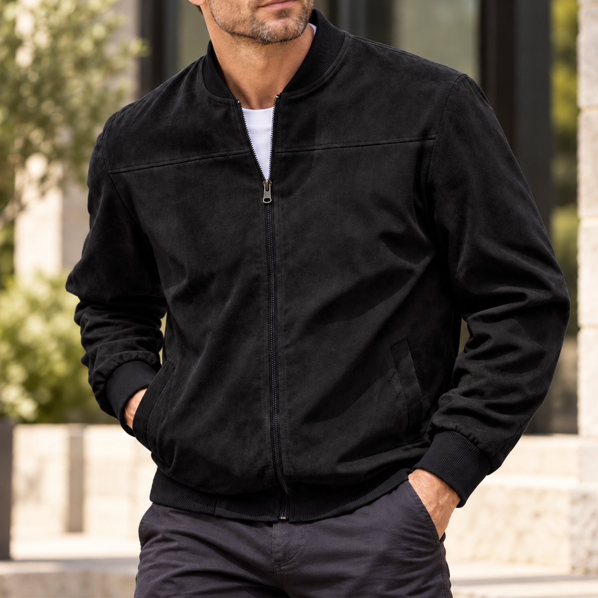 MIVANITY Men's Textured Suede Bomber Jacket