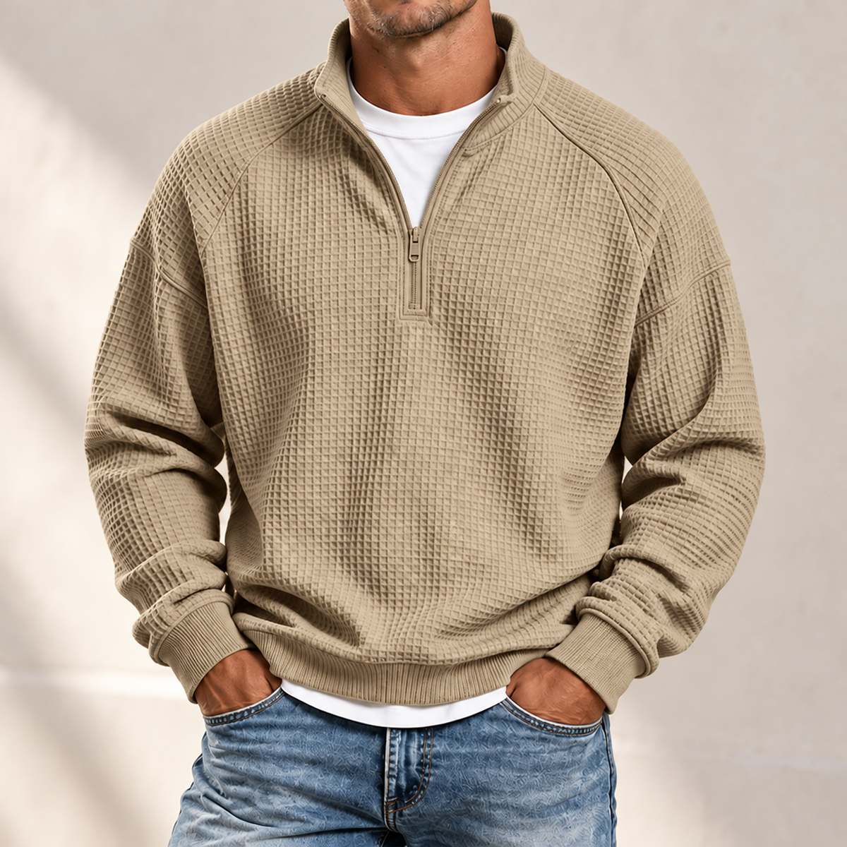 MIVANITY Men's Textured Waffle-Knit Quarter-Zip Pullover