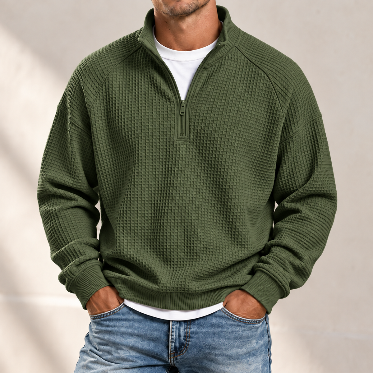 MIVANITY Men's Textured Waffle-Knit Quarter-Zip Pullover