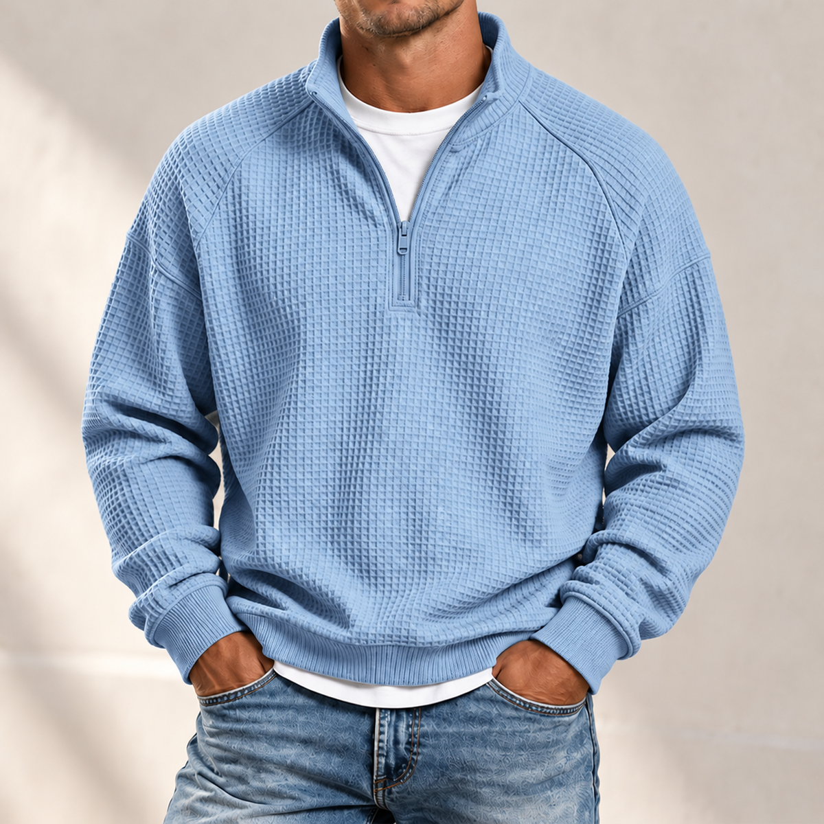 MIVANITY Men's Textured Waffle-Knit Quarter-Zip Pullover