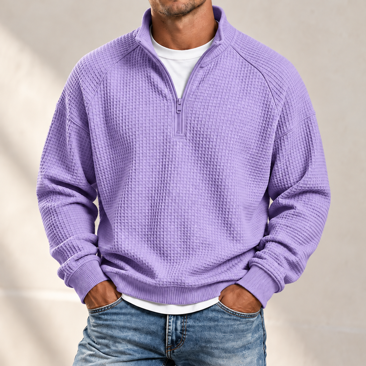 MIVANITY Men's Textured Waffle-Knit Quarter-Zip Pullover