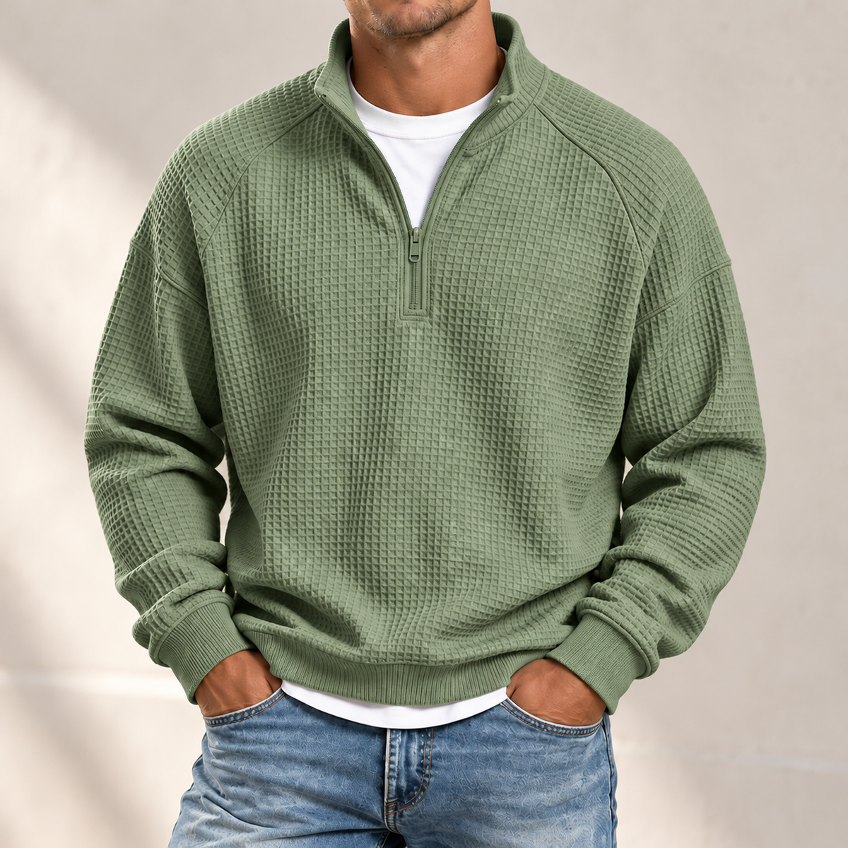 MIVANITY Men's Textured Waffle-Knit Quarter-Zip Pullover
