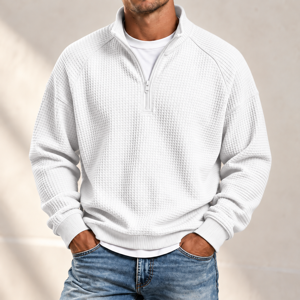 MIVANITY Men's Textured Waffle-Knit Quarter-Zip Pullover