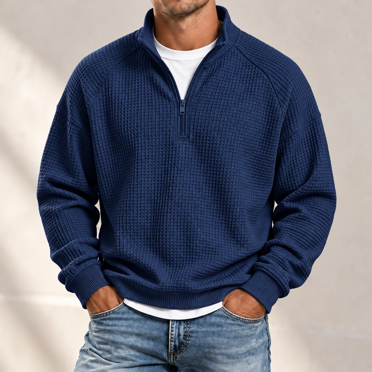 MIVANITY Men's Textured Waffle-Knit Quarter-Zip Pullover