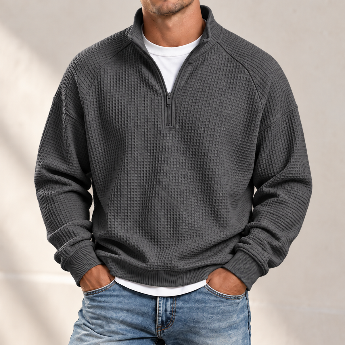 MIVANITY Men's Textured Waffle-Knit Quarter-Zip Pullover