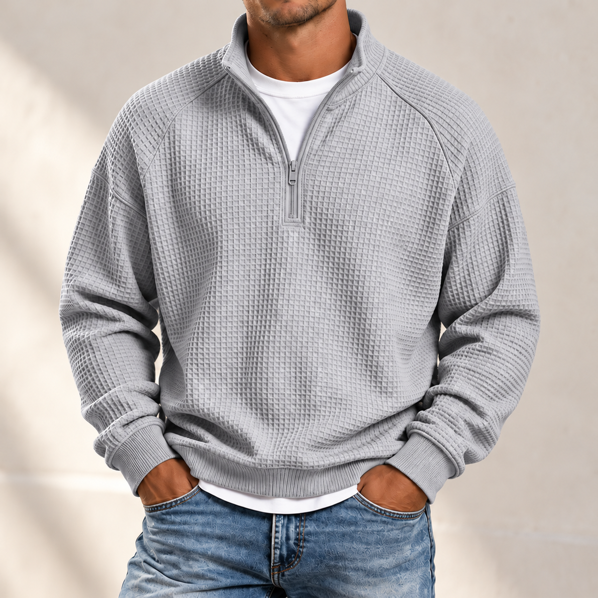 MIVANITY Men's Textured Waffle-Knit Quarter-Zip Pullover