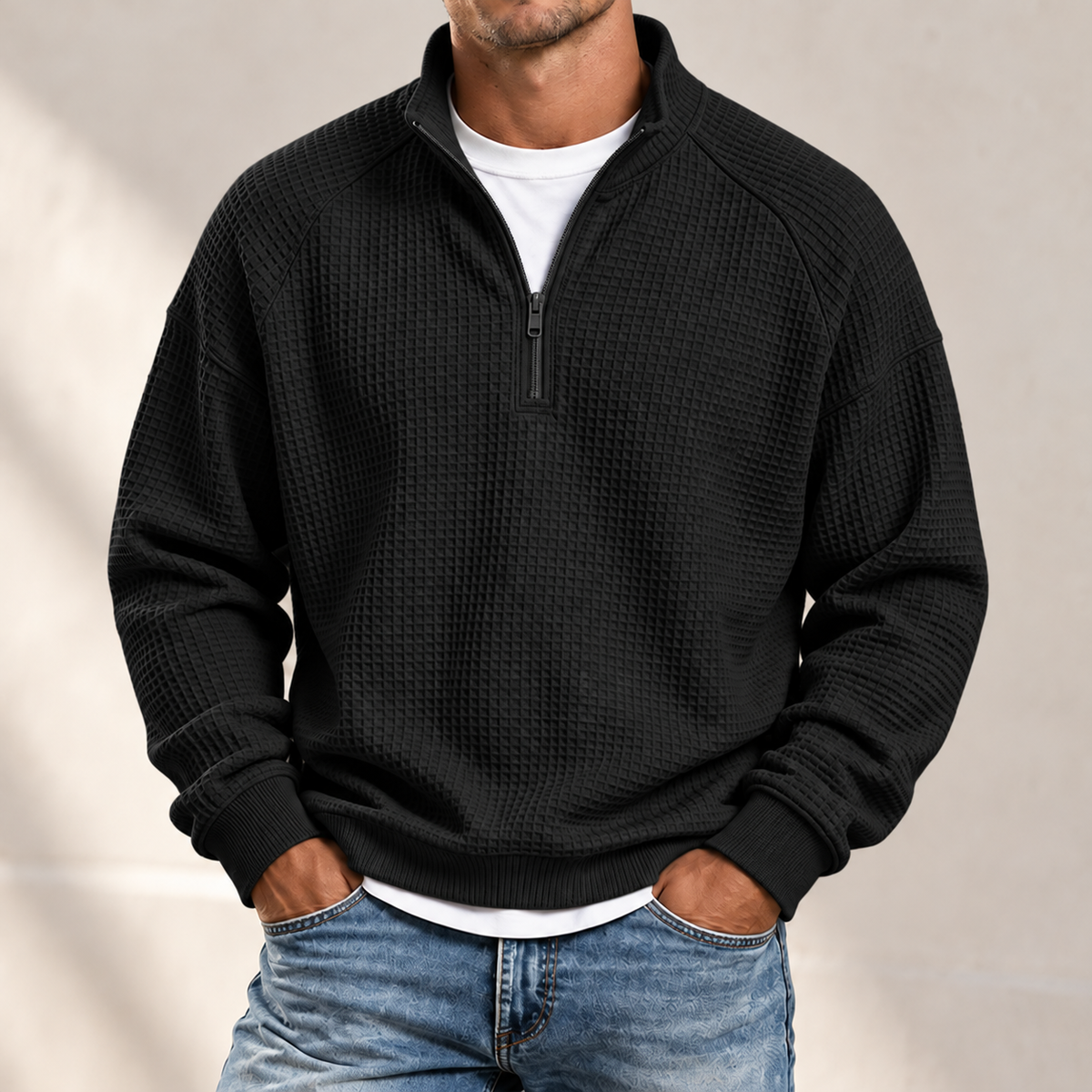 MIVANITY Men's Textured Waffle-Knit Quarter-Zip Pullover