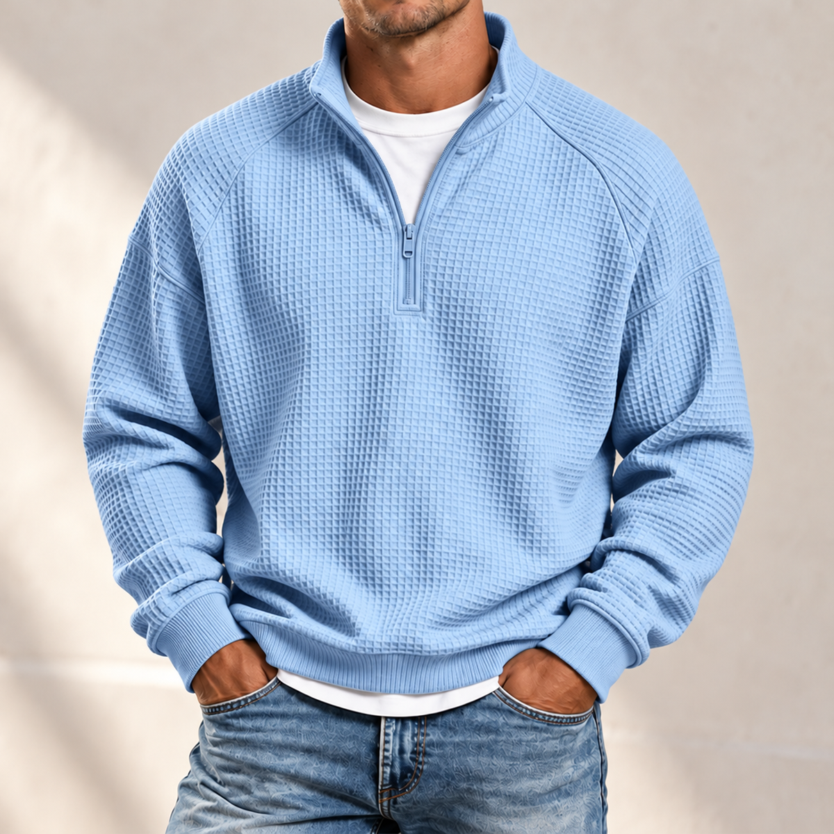 MIVANITY Men's Textured Waffle-Knit Quarter-Zip Pullover