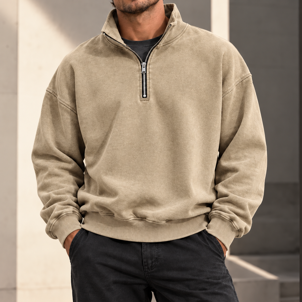 MIVANITY Men's Vintage-Wash Quarter-Zip Sweatshirt