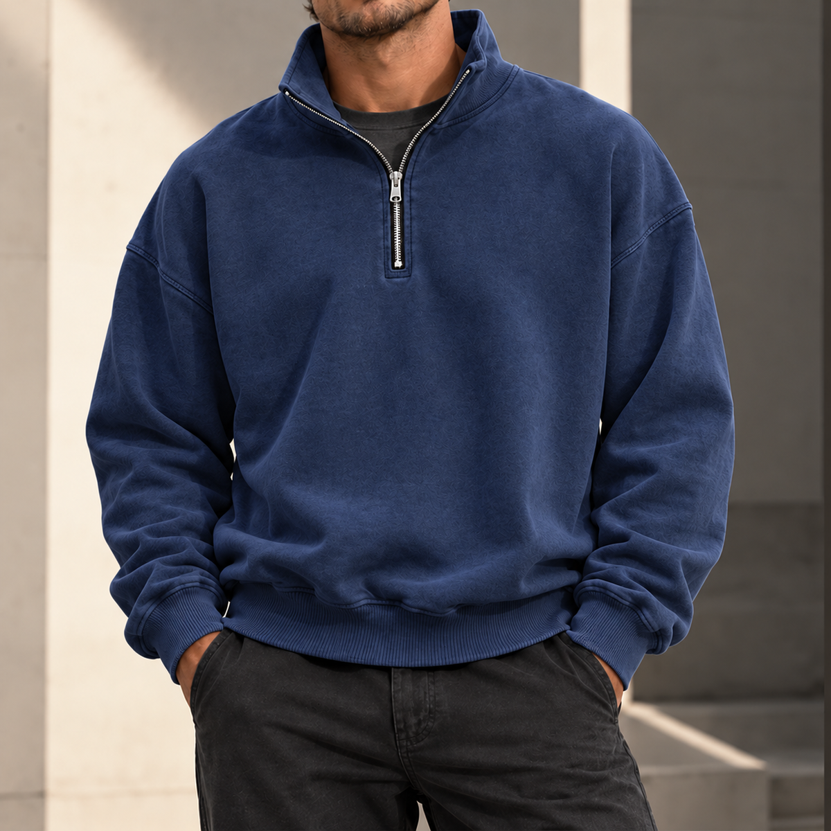 MIVANITY Men's Vintage-Wash Quarter-Zip Sweatshirt