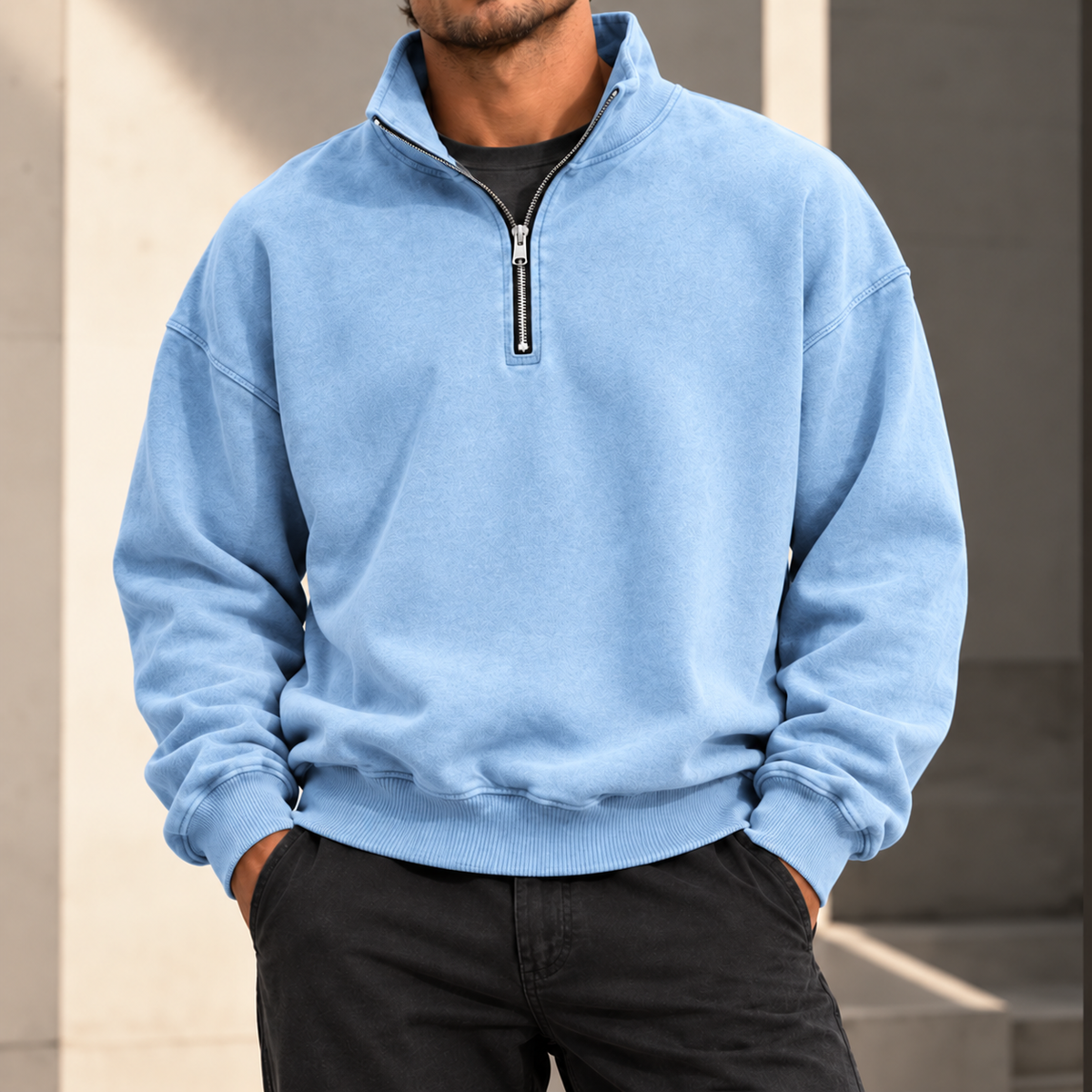MIVANITY Men's Vintage-Wash Quarter-Zip Sweatshirt