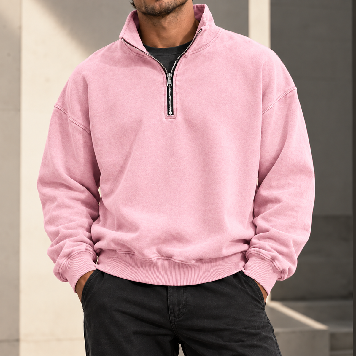 MIVANITY Men's Vintage-Wash Quarter-Zip Sweatshirt