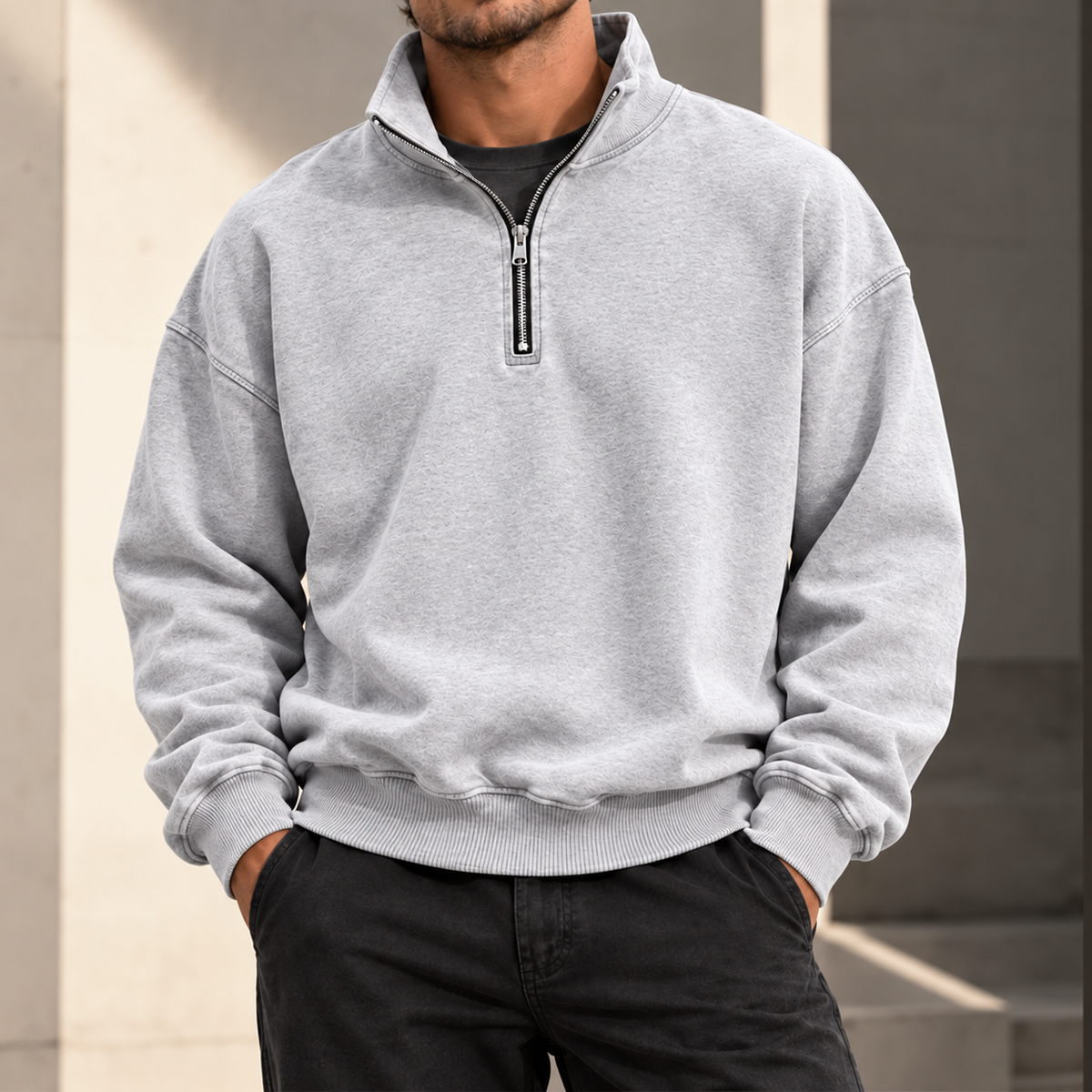 MIVANITY Men's Vintage-Wash Quarter-Zip Sweatshirt