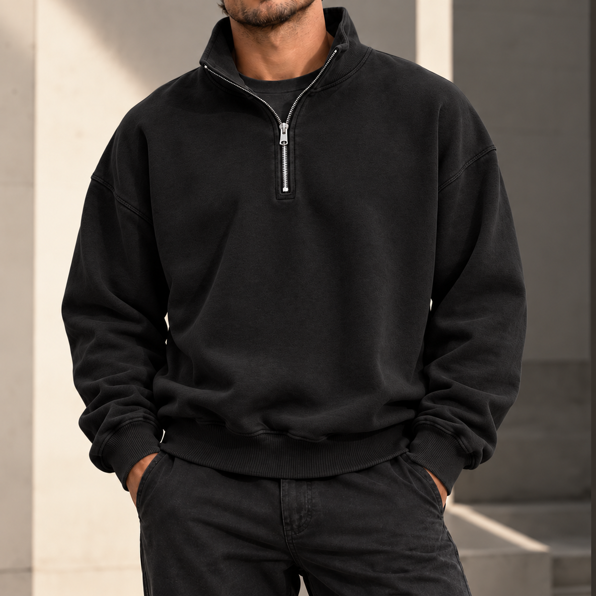 MIVANITY Men's Vintage-Wash Quarter-Zip Sweatshirt