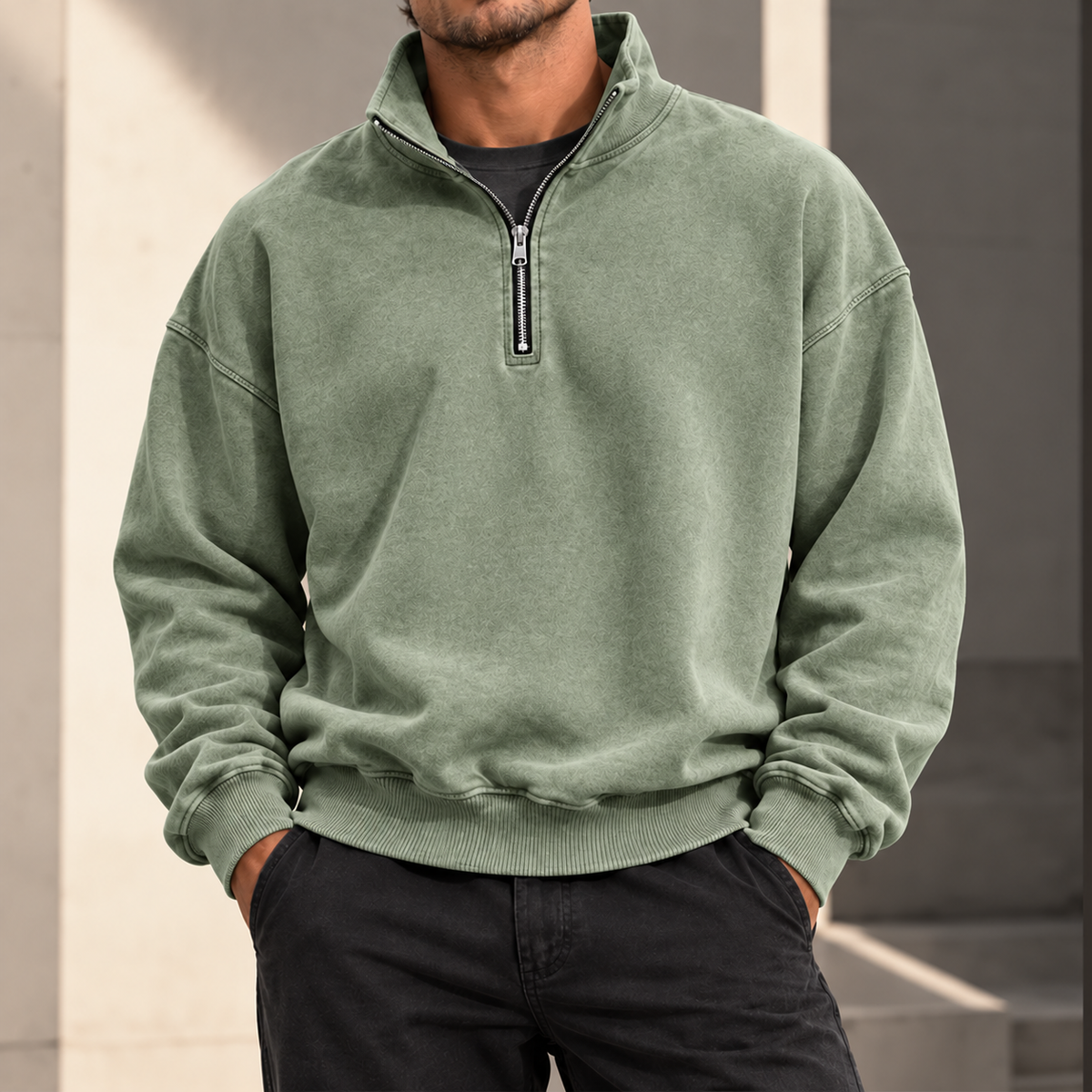 MIVANITY Men's Vintage-Wash Quarter-Zip Sweatshirt