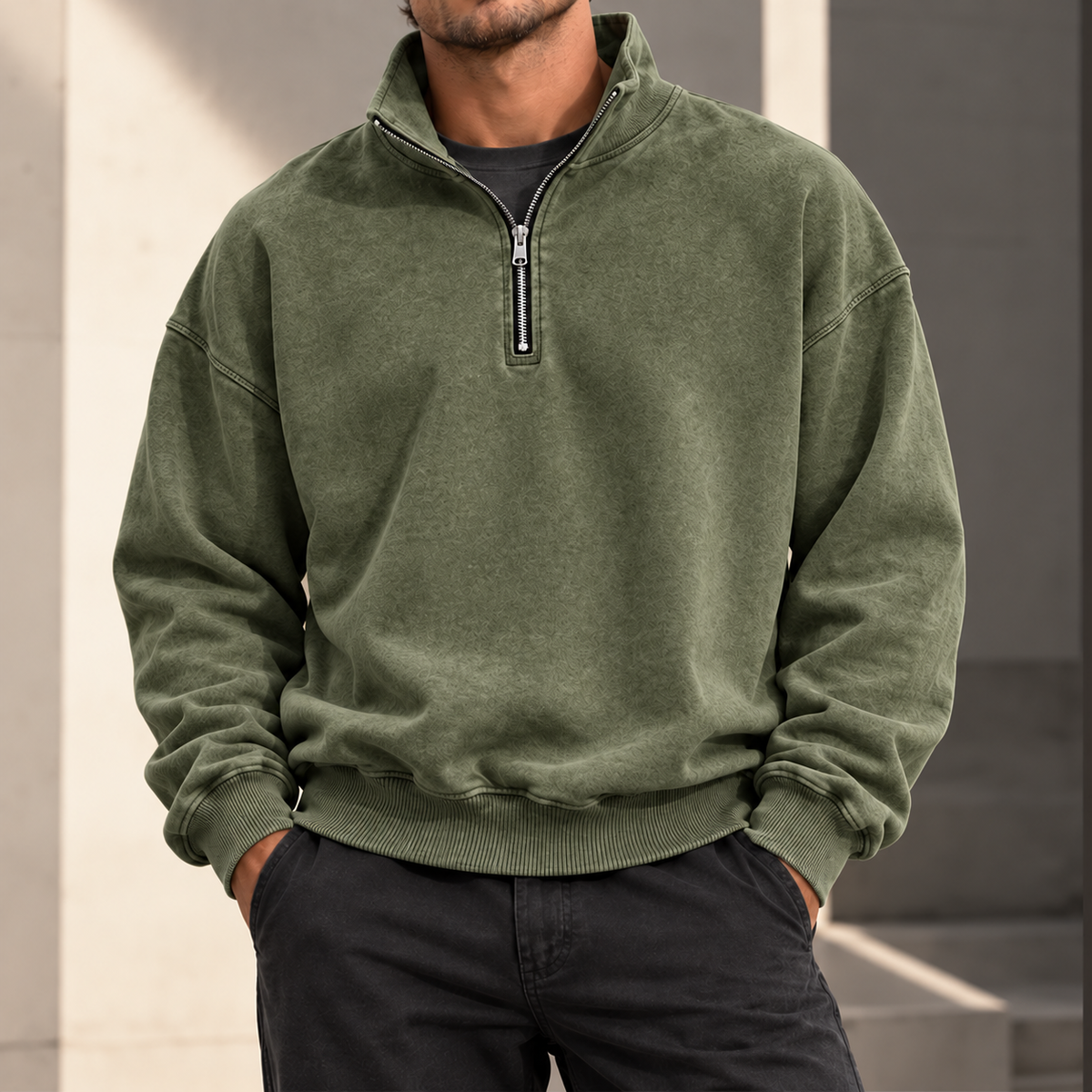 MIVANITY Men's Vintage-Wash Quarter-Zip Sweatshirt