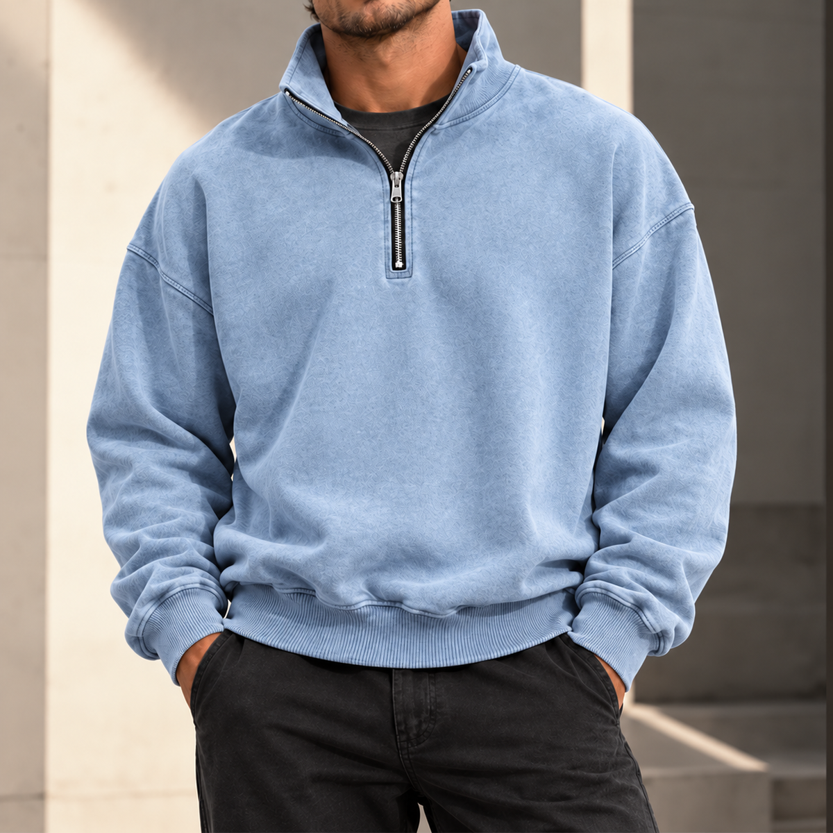 MIVANITY Men's Vintage-Wash Quarter-Zip Sweatshirt