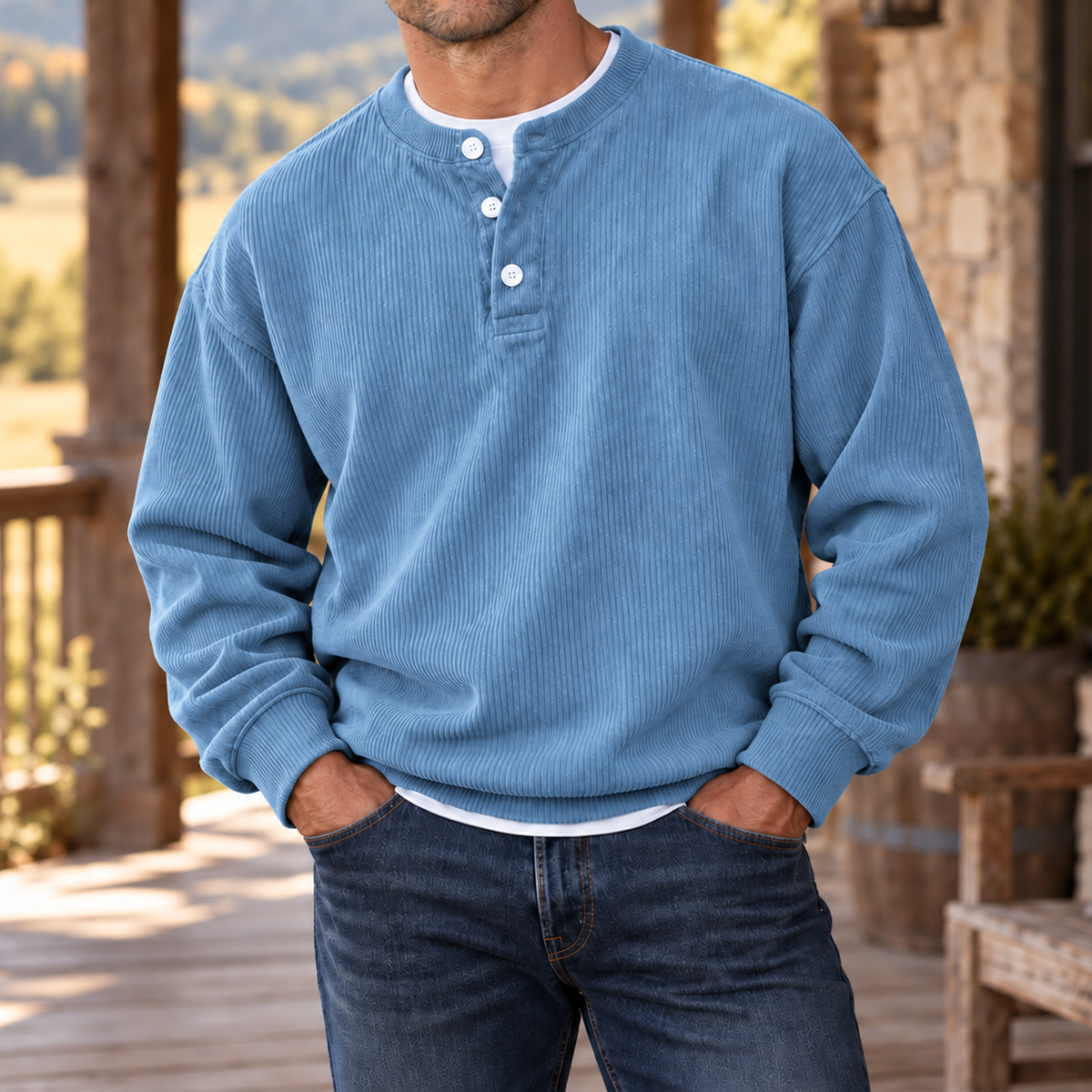 MIVANITY Men’s Westbrook Ribbed Henley Long Sleeve Shirt