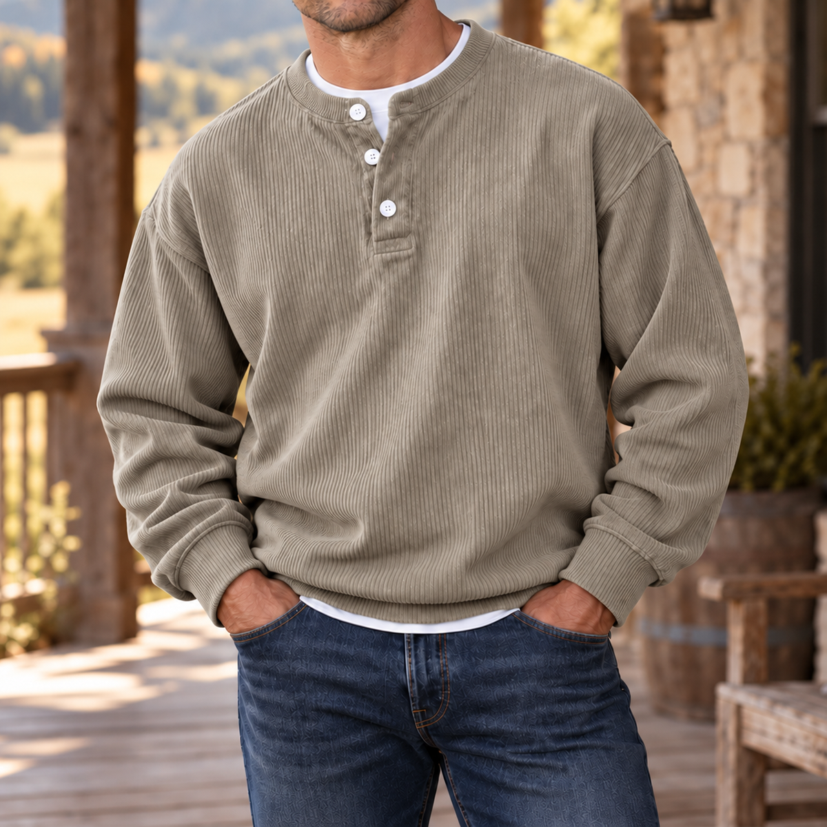 MIVANITY Men’s Westbrook Ribbed Henley Long Sleeve Shirt
