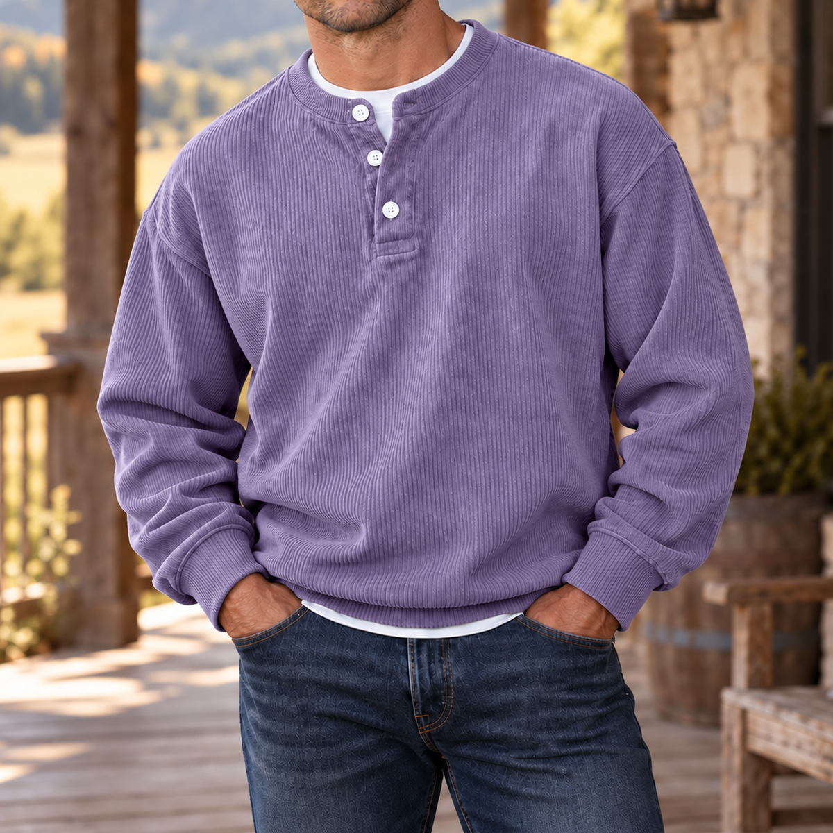 MIVANITY Men’s Westbrook Ribbed Henley Long Sleeve Shirt