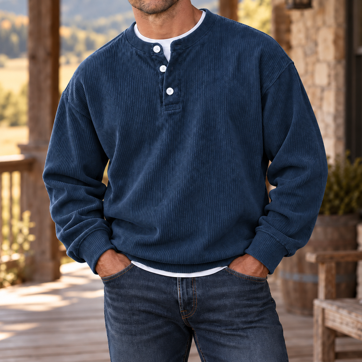 MIVANITY Men’s Westbrook Ribbed Henley Long Sleeve Shirt