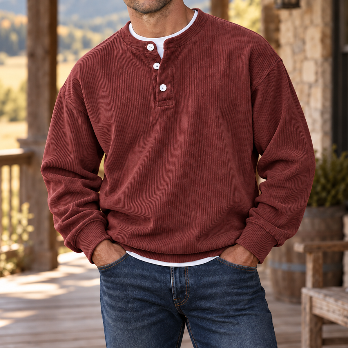 MIVANITY Men’s Westbrook Ribbed Henley Long Sleeve Shirt