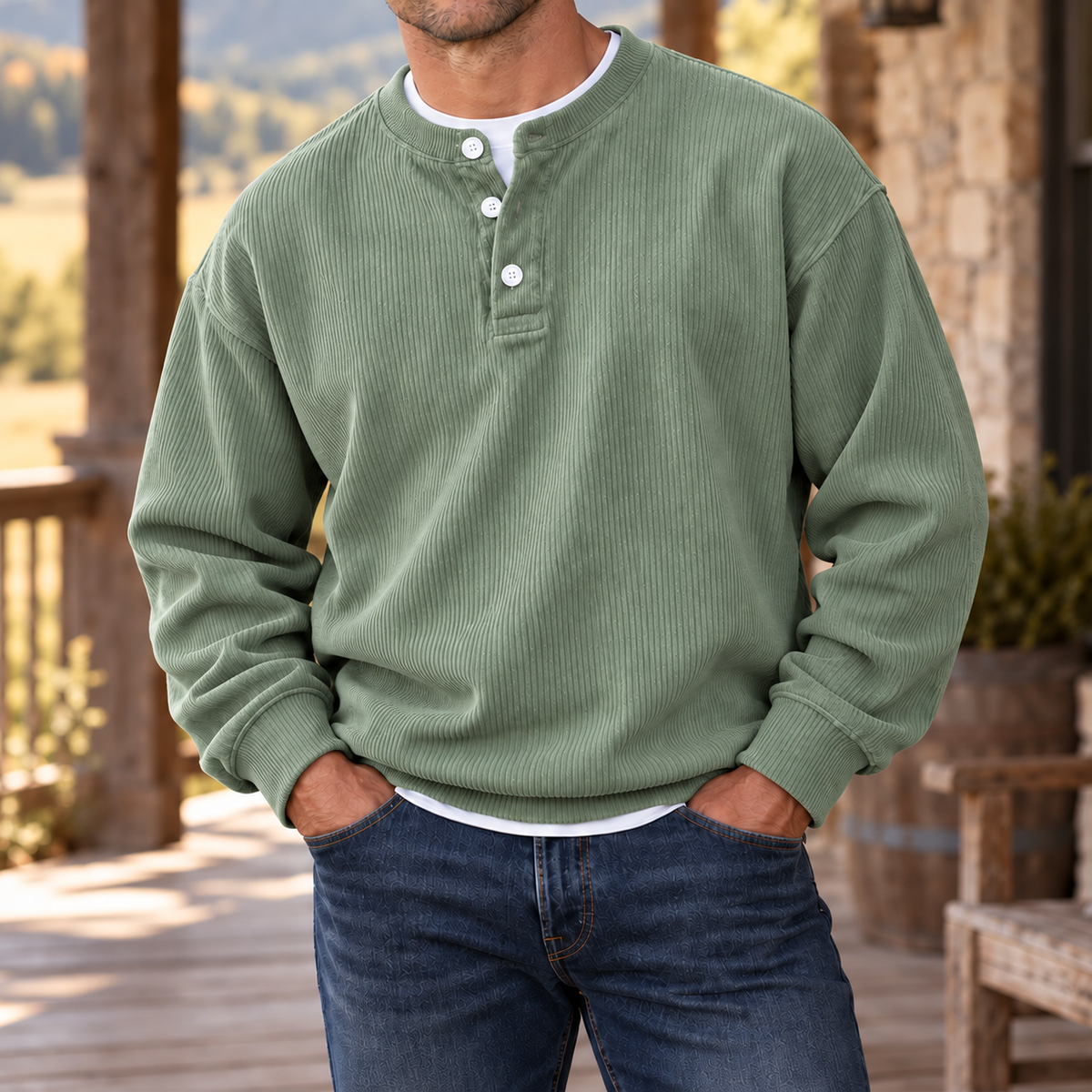 MIVANITY Men’s Westbrook Ribbed Henley Long Sleeve Shirt