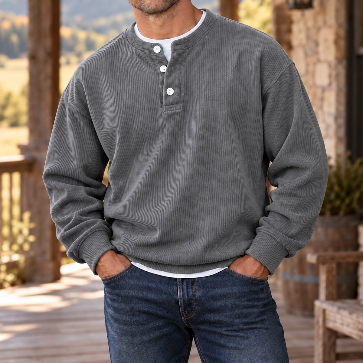 MIVANITY Men’s Westbrook Ribbed Henley Long Sleeve Shirt