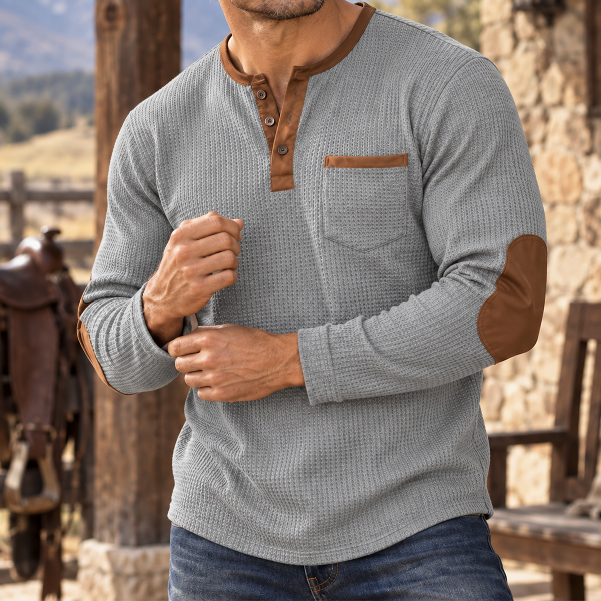 MIVANITY Vintage Ranch Waffle Henley Shirt Rugged Heritage Style With Timeless Comfort