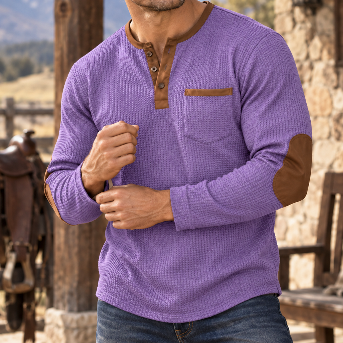 MIVANITY Vintage Ranch Waffle Henley Shirt Rugged Heritage Style With Timeless Comfort