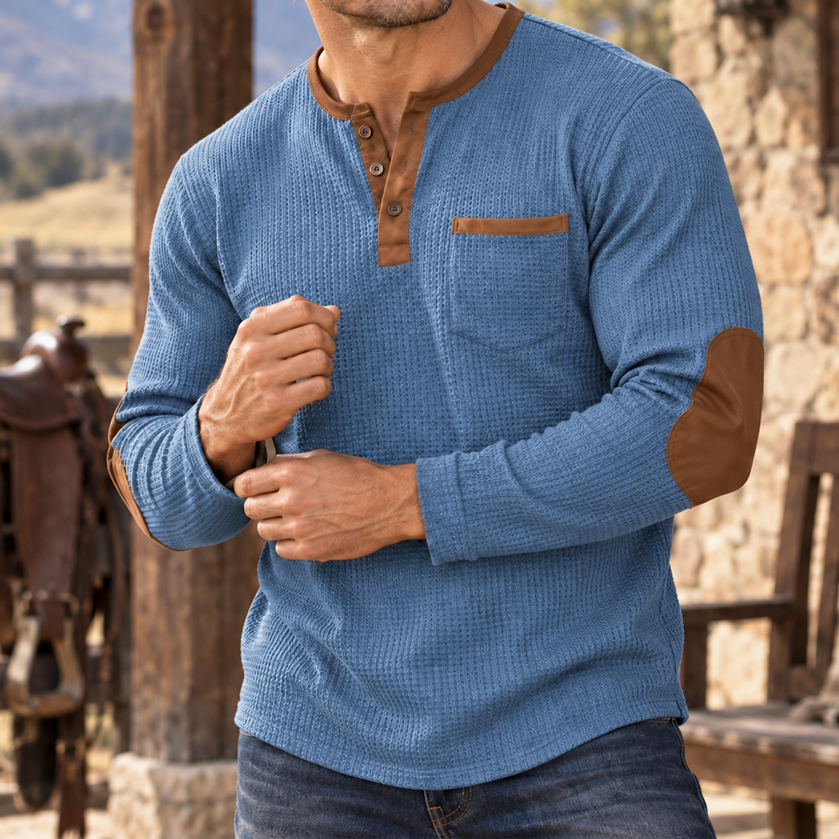 MIVANITY Vintage Ranch Waffle Henley Shirt Rugged Heritage Style With Timeless Comfort