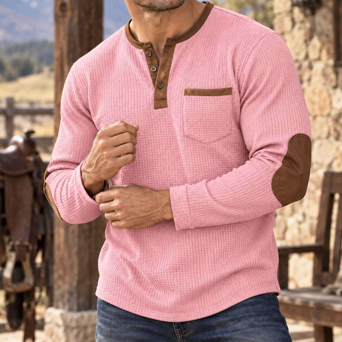 MIVANITY Vintage Ranch Waffle Henley Shirt Rugged Heritage Style With Timeless Comfort
